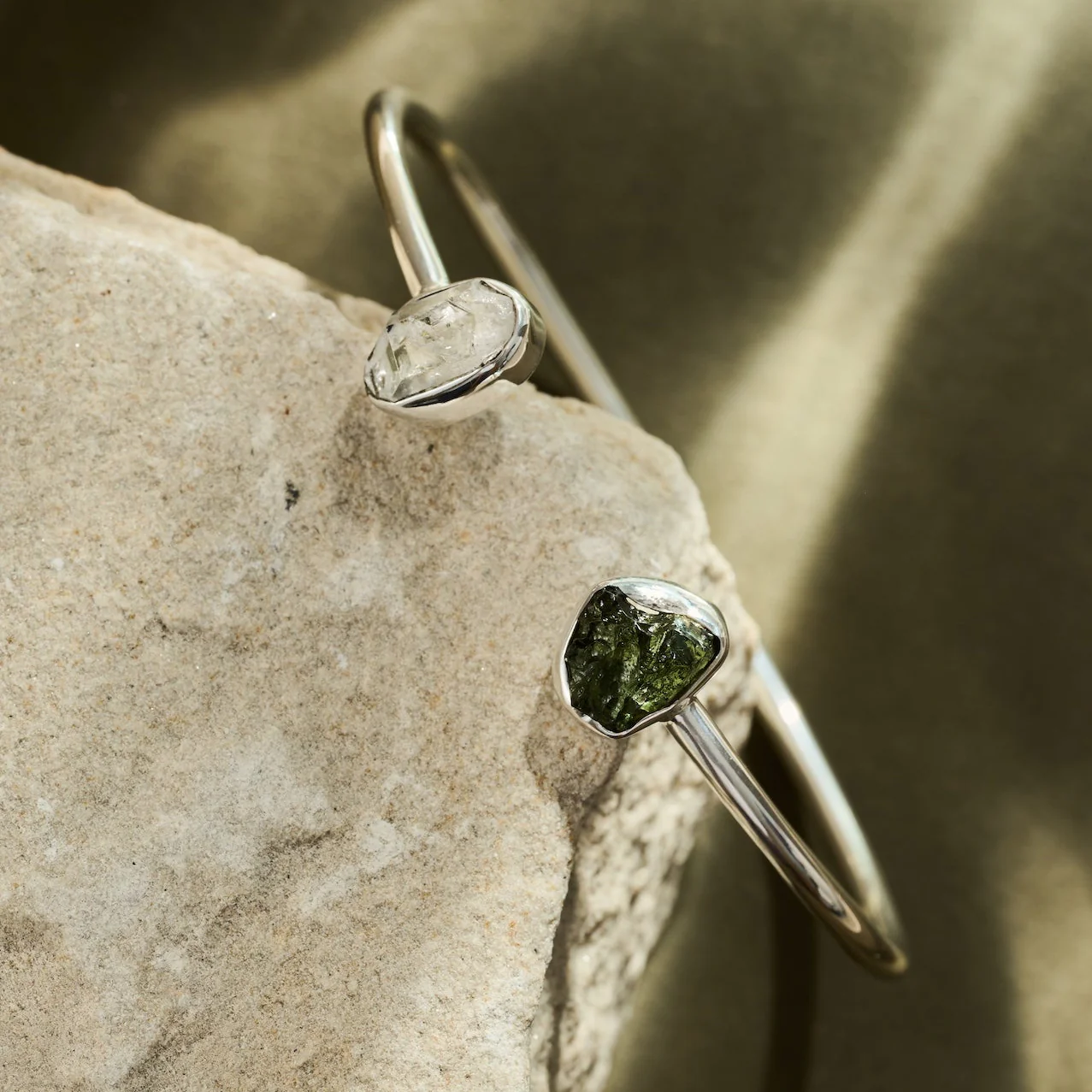 Moldavite & Herkimer Sterling Silver Bangle Bracelet | Transformation | Expansion | Growth - Image 2
