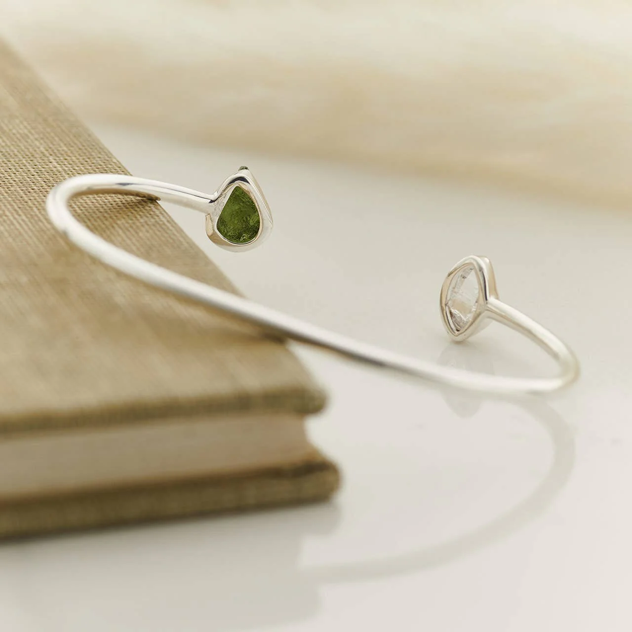 Moldavite & Herkimer Sterling Silver Bangle Bracelet | Transformation | Expansion | Growth - Image 4