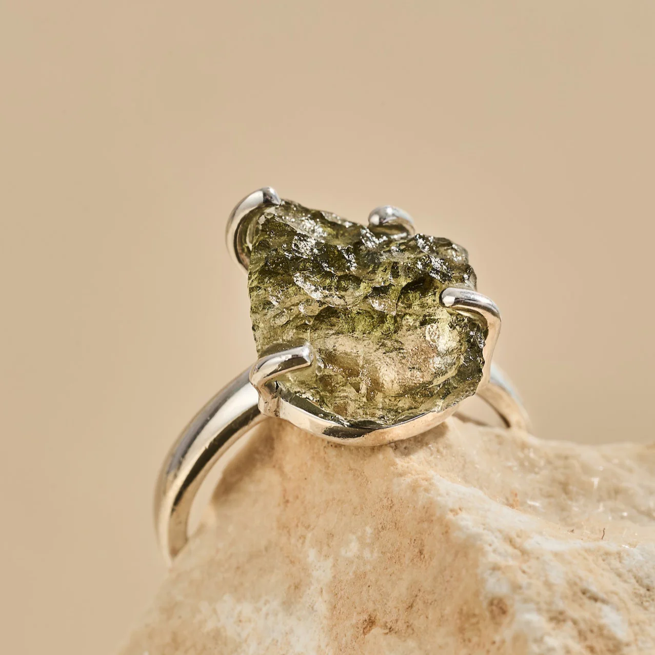 Silver Moldavite Raw Ring | Transformation | Expansion | Growth